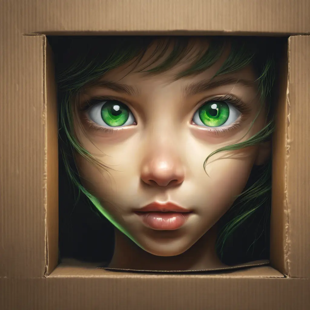 A cardboard box. Through the handle hole, a pair of bright green eyes can be seen peering out of the darkness, 4k, Atmospheric, Award-Winning by Stanley Artgerm Lau