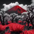 volcano garden and trees, bold red and black colors, captured using infrared photography, 8k, Sharp Focus, Smooth, Landscape