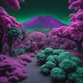 volcano garden and trees, purple and green, captured using infrared photography, 8k, Sharp Focus, Smooth, Landscape by Stanley Artgerm Lau