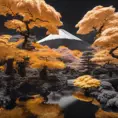volcano japanese garden and trees, black and gold, captured using infrared photography, 8k, Sharp Focus, Smooth, Landscape by Greg Rutkowski