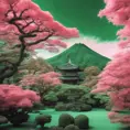 volcano japanese garden and trees, green and pink, captured using infrared photography, 8k, Sharp Focus, Smooth, Landscape by Studio Ghibli