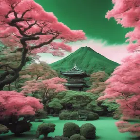 volcano japanese garden and trees, green and pink, captured using infrared photography, 8k, Sharp Focus, Smooth, Landscape by Studio Ghibli