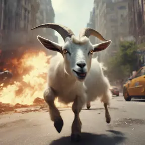 A regular sized goat on a wild rampage through a terrified and burning city. The goats insane energy is flinging pedestrians and cars aside as it rockets through the scene of a crowded city Street with overwhelming power, 4k, Atmospheric