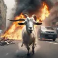 A regular sized goat on a wild rampage through a terrified and burning city. The goats insane energy is flinging pedestrians and cars aside as it rockets through the scene of a crowded city Street with overwhelming power, 4k, Atmospheric