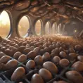 Inside a hive full of antropomorphic ant-like creatures tending to their giant eggs. The eggs are on a soft transport belt with an indentation for each egg. The room has round windows. Some newly hathed ant creatures are in a crib, 4k, Atmospheric by Stanley Artgerm Lau