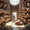 Inside a hive full of antropomorphic ant-like creatures tending to their giant eggs. The eggs are on a soft transport belt with an indentation for each egg. The room has round windows. Some newly hathed ant creatures are in a crib, 4k, Atmospheric by Stanley Artgerm Lau