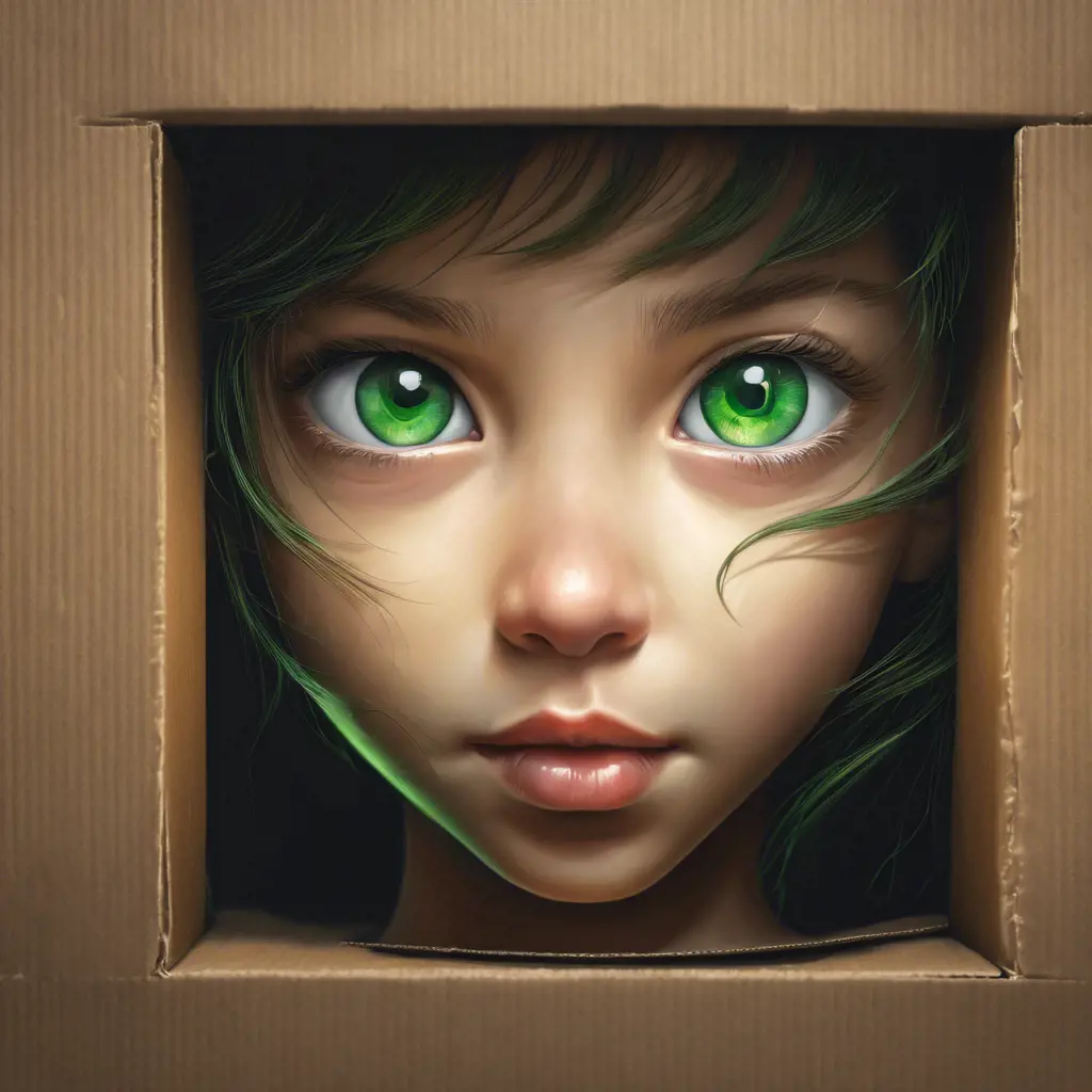 A cardboard box. Through the handle hole, a pair of bright green eyes can be seen peering out of the darkness, 4k, Atmospheric, Award-Winning by Stanley Artgerm Lau