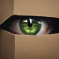 A cardboard box. Through the handle hole, a pair of bright green eyes can be seen peering out of the darkness, 4k, Atmospheric, Award-Winning by Stanley Artgerm Lau