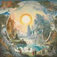 The image presents a fantastical, circular landscape that seamlessly transitions through the seasons as well as times of day, unified by a radiant central sun. The composition is a meticulous symphony of natural elements - towering ice cliffs, lush forests, and tranquil waters - juxtaposed with a multitude of human figures engaged in various activities suggestive of harmony with nature. Colors range from the cool blues and whites of winter to the warm autumnal golds and fiery tones suggesting summer, while the lighting is masterful, varying from the soft glow of dawn to the vivid brightness of noon and the gentle twilight. Please note that while I strive to describe the image accurately, my description may not fully capture the vibrancy or the subtle nuances of the artwork., 4k by Stanley Artgerm Lau