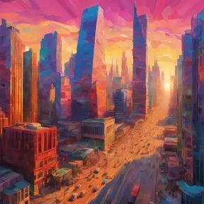 Generate an image of a bustling, colorful metropolis filled with towering skyscrapers and a vibrant sunrise, contrasting the calm and monotonous desert landscape depicted in a Van Gogh-inspired, distorted reality style, 4k by Stanley Artgerm Lau