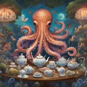 Depict the vibrant gathering of celestial octopus entities, adorned with butterfly wings, partaking in a noble tea ceremony on the checkered plains of Jellovia under the sheltering caps of giant luminous broccoli. Fireflies with the heads of miniature unicorns flit about, illuminating the scene while a distant supernova casts a gentle glow, causing the porcelain tea service to sparkle with reflections of intergalactic stardust, 4k