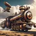 A futuristic hybrid of a steam engine train and a DaVinci flying machine, 4k, Steampunk