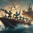 Six robots on a boat with harpoons, battling sharks with lasers strapped to their heads, 4k, Steampunk