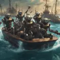 Six robots on a boat with harpoons, battling sharks with lasers strapped to their heads, 4k, Steampunk