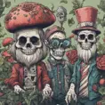 Two garden gnomes, a sentient mushroom, and a sugar skull who once played a gig at CBGB in New York City converse about the boundaries of artificial intelligence, 4k