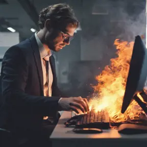 An IT worker typing so quickly that his keyboard starts burning, 4k