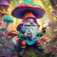 a gnome on a spotted mushroom smoking a pipe, psychedelic, colorful, Alice in Wonderland style, 4k