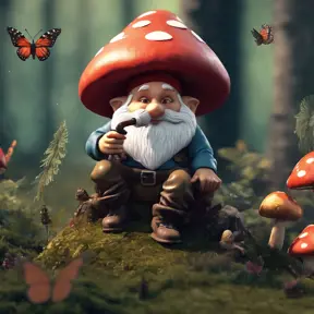 Gnome, smoking pipe, mushroom seat, butterflies, forest., 4k