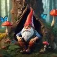 Gnome, smoking pipe, mushroom seat, butterflies, forest., 4k