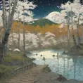 Japanese hot springs, the edge of the hot spring is made of wood, the view from the perspective of the person bathing in the hot spring, the surroundings are a white birch forest, the forest in front of you, a fox in the forest, a starry sky, the surroundings. There are no people., Matte Painting by Vincent van Gogh