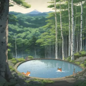 Japanese hot springs, the edge of the hot spring is made of wood, the view from the perspective of the person bathing in the hot spring, the surroundings are a white birch forest, the forest in front of you, a fox in the forest, a starry sky, the surroundings. There are no people., Matte Painting by Studio Ghibli
