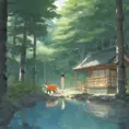 Japanese hot springs, the edge of the hot spring is made of wood, the view from the perspective of the person bathing in the hot spring, the surroundings are a white birch forest, the forest in front of you, a fox in the forest, a starry sky, the surroundings. There are no people., Matte Painting by Studio Ghibli