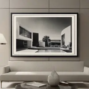 framed piece of art of modern art by Julius Shulman, Hyper Detailed, Cinematic Lighting, Film Still, Hyper Realistic