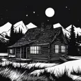cabin in the night black background, black and white picture, only the window is lit, Dark