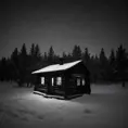 cabin in the night black background, black and white picture, only the window is lit, Dark