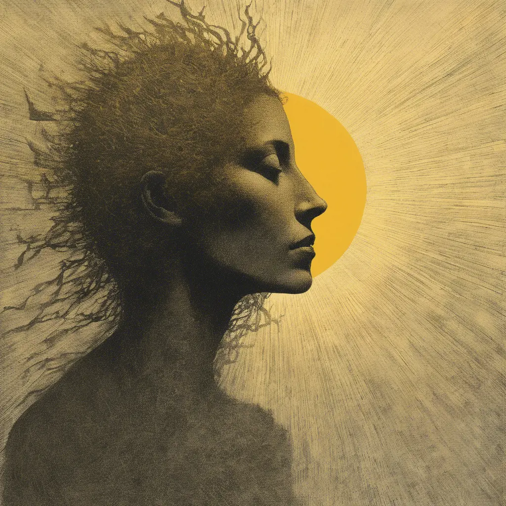 Sun profile, halftone pattern, editorial illustration of the memento morti, higly textured, genre defining mixed media collage painting, fringe absurdism, simple flowing shapes, subtle shadows, paper texture, minimalist color scheme, Award-Winning by Zdzislaw Beksinski
