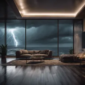 Interior architectural, beautiful interior living room with floor to ceiling glass windows overlooking the ocean, thunderstorm outside with torrential rain, 8k, High Resolution, Highly Detailed, Darkwave, Photo Realistic, Moody Lighting, Gloomy