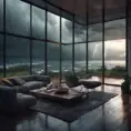 Interior architectural, beautiful interior living room with floor to ceiling glass windows overlooking the ocean, thunderstorm outside with torrential rain, 8k, High Resolution, Highly Detailed, Darkwave, Photo Realistic, Moody Lighting, Gloomy