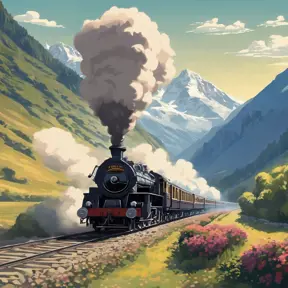 The orient express train moving at speed on the track on a sunny day with mountains in the background 1920, steam, Fantasy