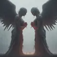 An angel and a demon in the fog of war, 8k, Symmetrical Face, Digital Illustration, Octane Render, Concept Art by Greg Rutkowski