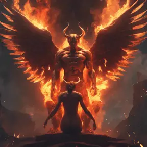 An angel and a demon surrounded by fire, 8k, Trending on Artstation, Symmetrical Face, Digital Illustration, Concept Art by Greg Rutkowski