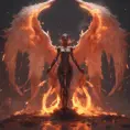 An angel and a demon surrounded by fire, 8k, Trending on Artstation, Symmetrical Face, Digital Illustration, Concept Art by WLOP