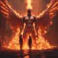 An angel and a demon surrounded by fire, 8k, Trending on Artstation, Symmetrical Face, Digital Illustration, Concept Art by Stefan Kostic