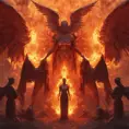 Angels and Demons surrounded by fire, 8k, Trending on Artstation, Symmetrical Face, Digital Illustration, Concept Art by Stefan Kostic