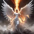 An angel in white with wings made of fire on a battlefield, 8k, Highly Detailed, Stunning, Volumetric Lighting, Fantasy, Dark by Stanley Artgerm Lau