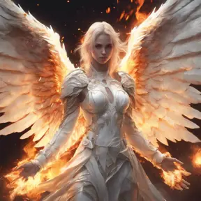 An angel in white with wings made of fire on a battlefield, 8k, Highly Detailed, Stunning, Volumetric Lighting, Fantasy, Dark by Stanley Artgerm Lau