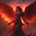 An angel with wings made of fire on a bloody battlefield with a bloodred sunset, 8k, Highly Detailed, Stunning, Volumetric Lighting, Fantasy, Dark by Stanley Artgerm Lau