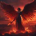 An angel with wings made of fire on a bloody battlefield with a bloodred sunset, 8k, Highly Detailed, Stunning, Volumetric Lighting, Fantasy, Dark by Greg Rutkowski