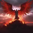 An angel with wings made of fire on a bloody battlefield with a bloodred sunset, 8k, Highly Detailed, Stunning, Volumetric Lighting, Fantasy, Dark by Greg Rutkowski