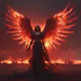 An angel with wings made of fire on a bloody battlefield with a bloodred sunset, 8k, Highly Detailed, Stunning, Volumetric Lighting, Fantasy, Dark by WLOP
