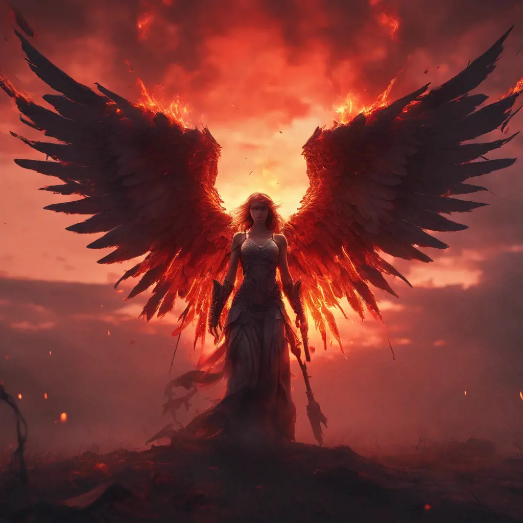 An angel with wings made of fire on a bloody battlefield with a bloodred sunset, 8k, Highly Detailed, Stunning, Volumetric Lighting, Fantasy, Dark by WLOP