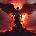 An armed angel with wings made of fire on a bloody battlefield with a bloodred sunset, 8k, Highly Detailed, Stunning, Volumetric Lighting, Fantasy, Dark by Stefan Kostic