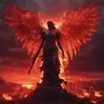 An armed angel with wings made of fire on a bloody battlefield with a bloodred sunset, 8k, Highly Detailed, Stunning, Volumetric Lighting, Fantasy, Dark by Stefan Kostic