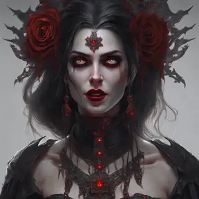 A beautiful romanian vampire woman with penetrating red bright eyes, long fangs, perfect face, 8k, Hyper Detailed, Intricate Details, Masterpiece, Contemporary, Full Body, Trending on Artstation, Gothic, Deviantart, Concept Art by Greg Rutkowski