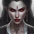 A beautiful romanian vampire woman with penetrating red bright eyes, long fangs, perfect face, 8k, Hyper Detailed, Intricate Details, Masterpiece, Contemporary, Full Body, Trending on Artstation, Gothic, Deviantart, Concept Art by Stanley Artgerm Lau