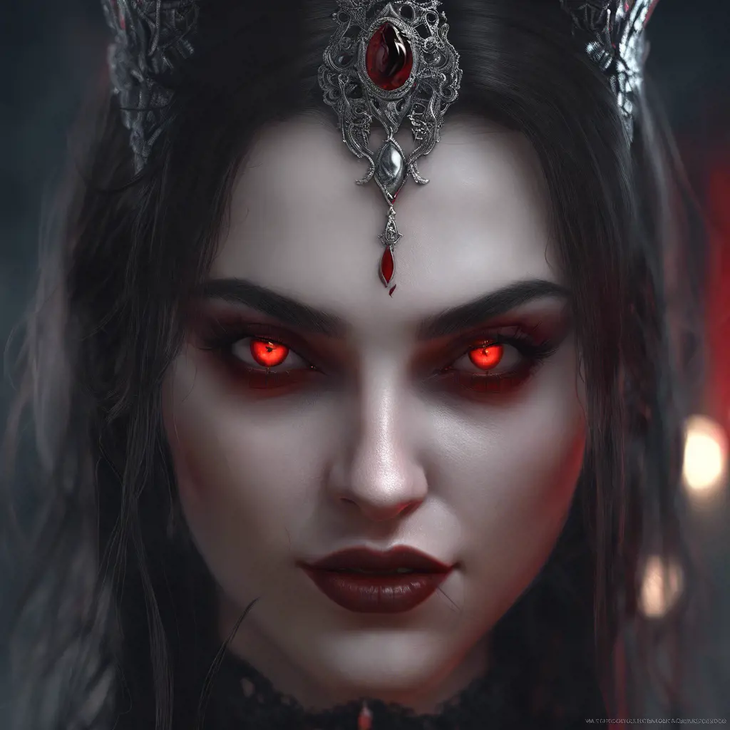 A beautiful romanian vampire woman with penetrating red bright eyes, long fangs, perfect face, 8k, Hyper Detailed, Intricate Details, Masterpiece, Contemporary, Full Body, Trending on Artstation, Gothic, Deviantart, Concept Art by WLOP